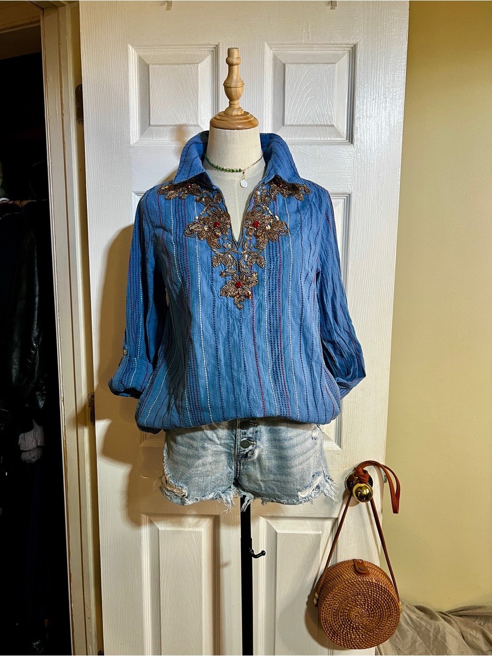 Soft Surroundings Wms Blue Cotton Gauze Striped Beaded Pocket‎ Boho Tunic Top M